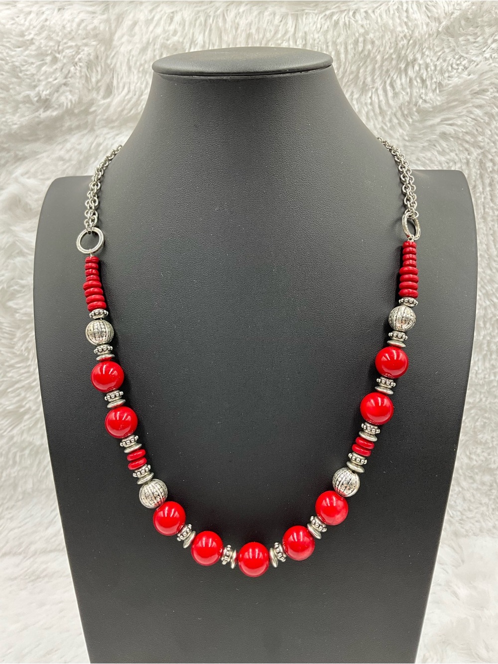 Ruby Rd. Red Beaded Statement Necklace with Silver-Tone Accents Authentic